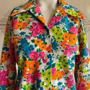 Vintage multi-color Flower Power long-sleeve blouse by Lanie J.